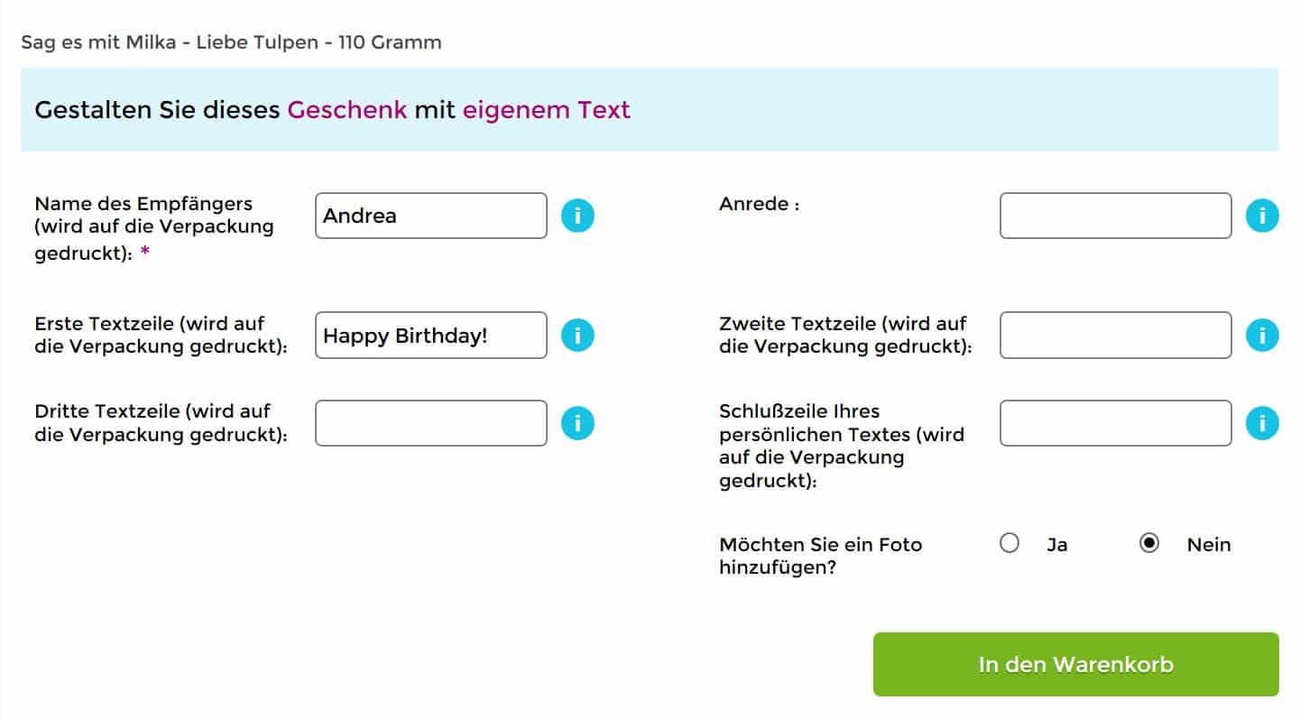 Sag es mit Milka personalisieren - Texteingabe bei yoursurprise